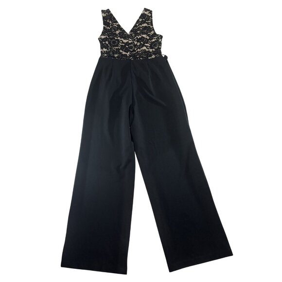 DKNY Black Wide-Leg Jumpsuit With Lace Bodice & Tie Waist Size 12 - Picture 2 of 9